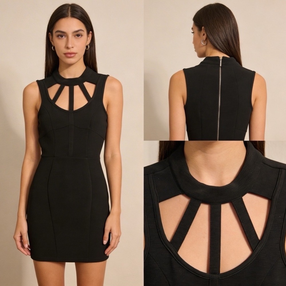 Kardashian Kollection Black Cutout Neckline Bodycon Dress Gold Zipper Womens L‎